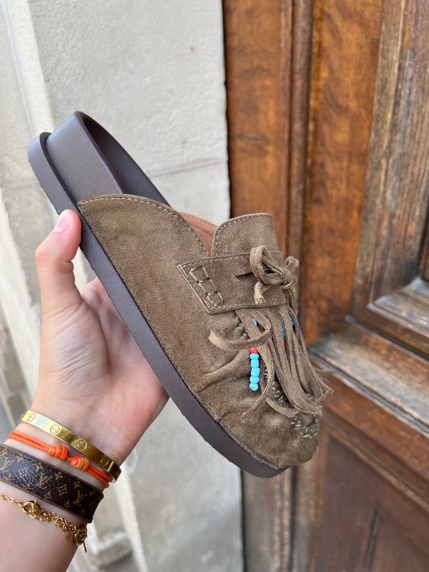 Mules kaki à franges