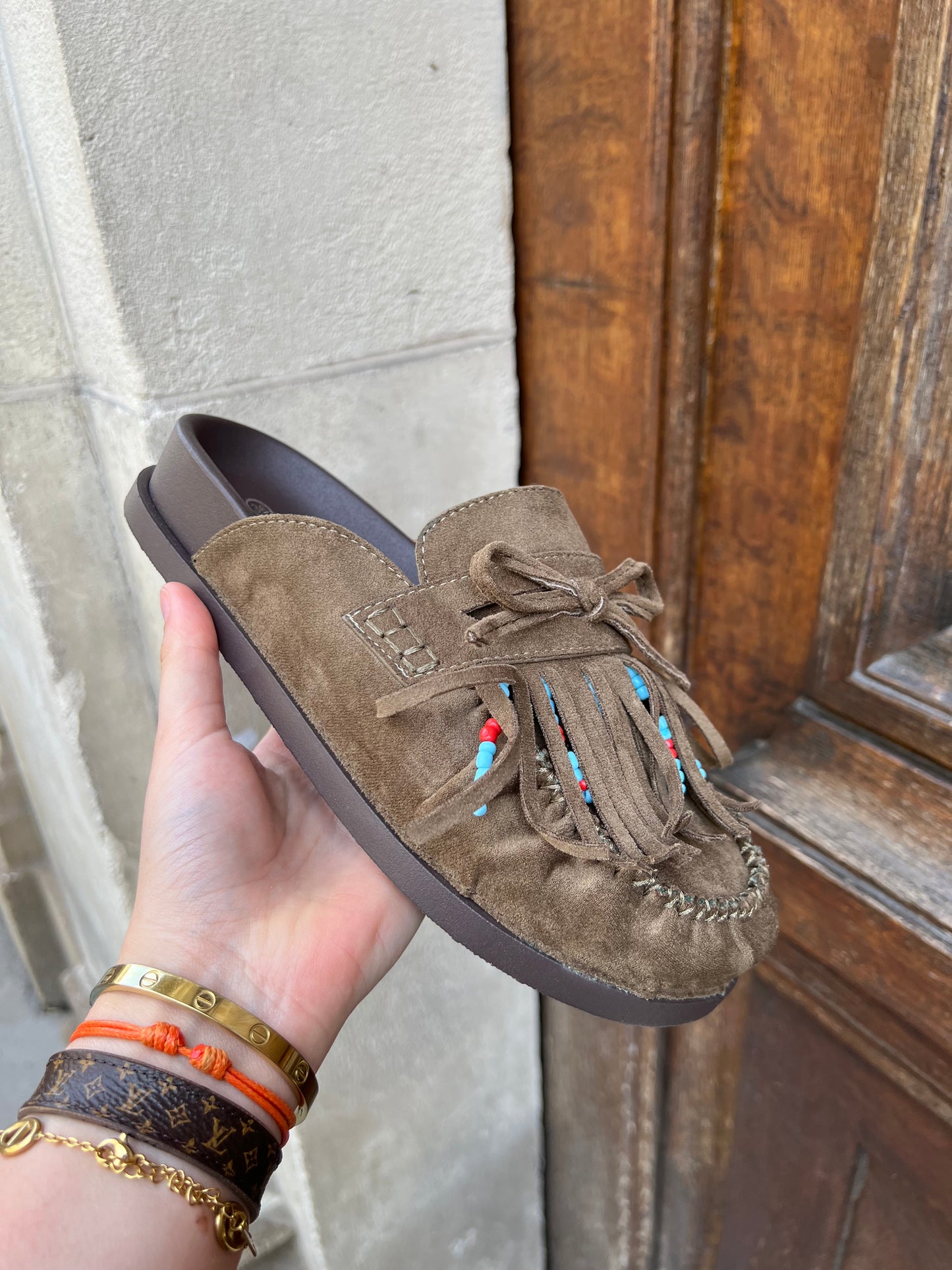 Mules kaki à franges