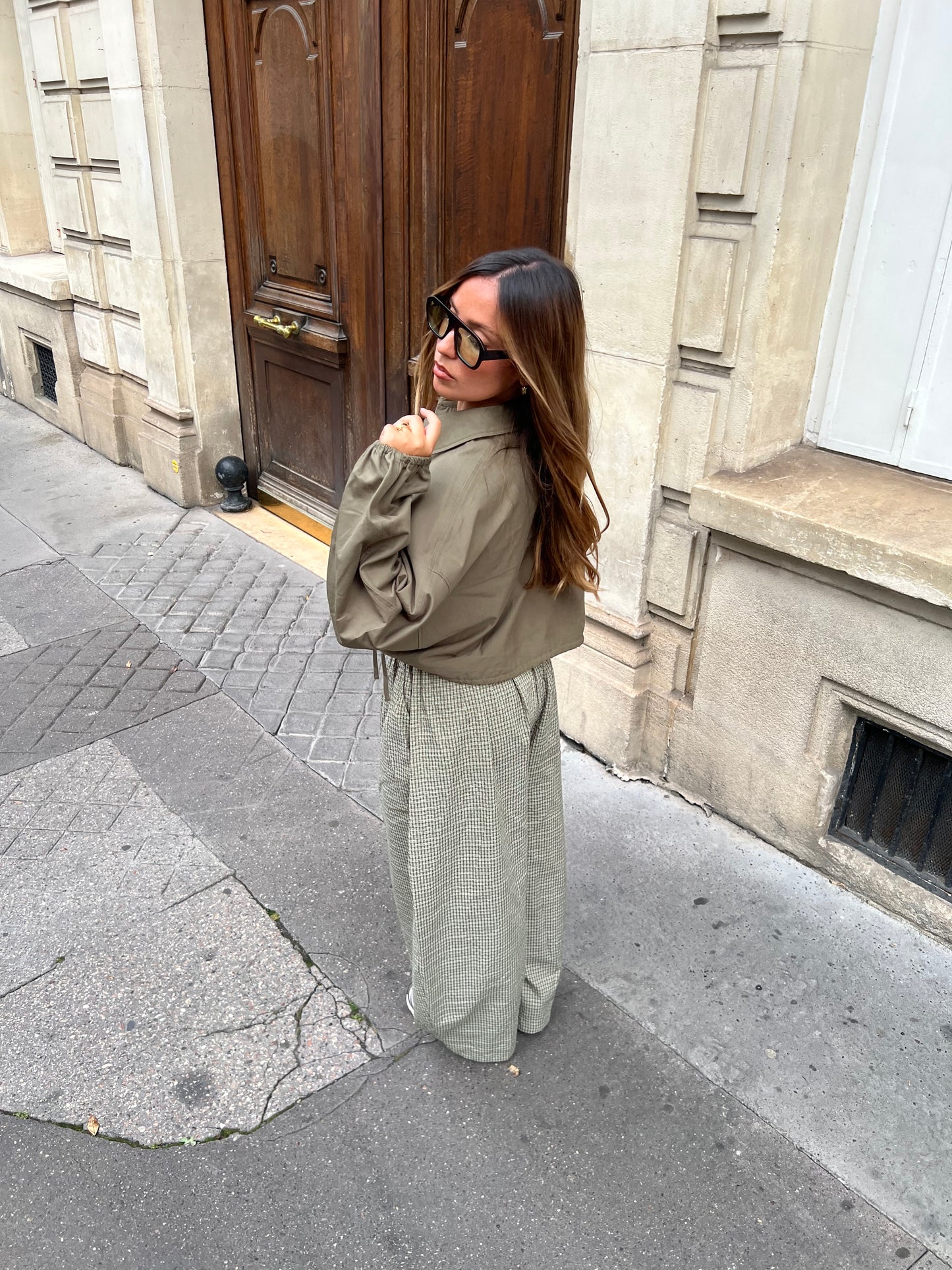 Pantalon à carreaux kaki