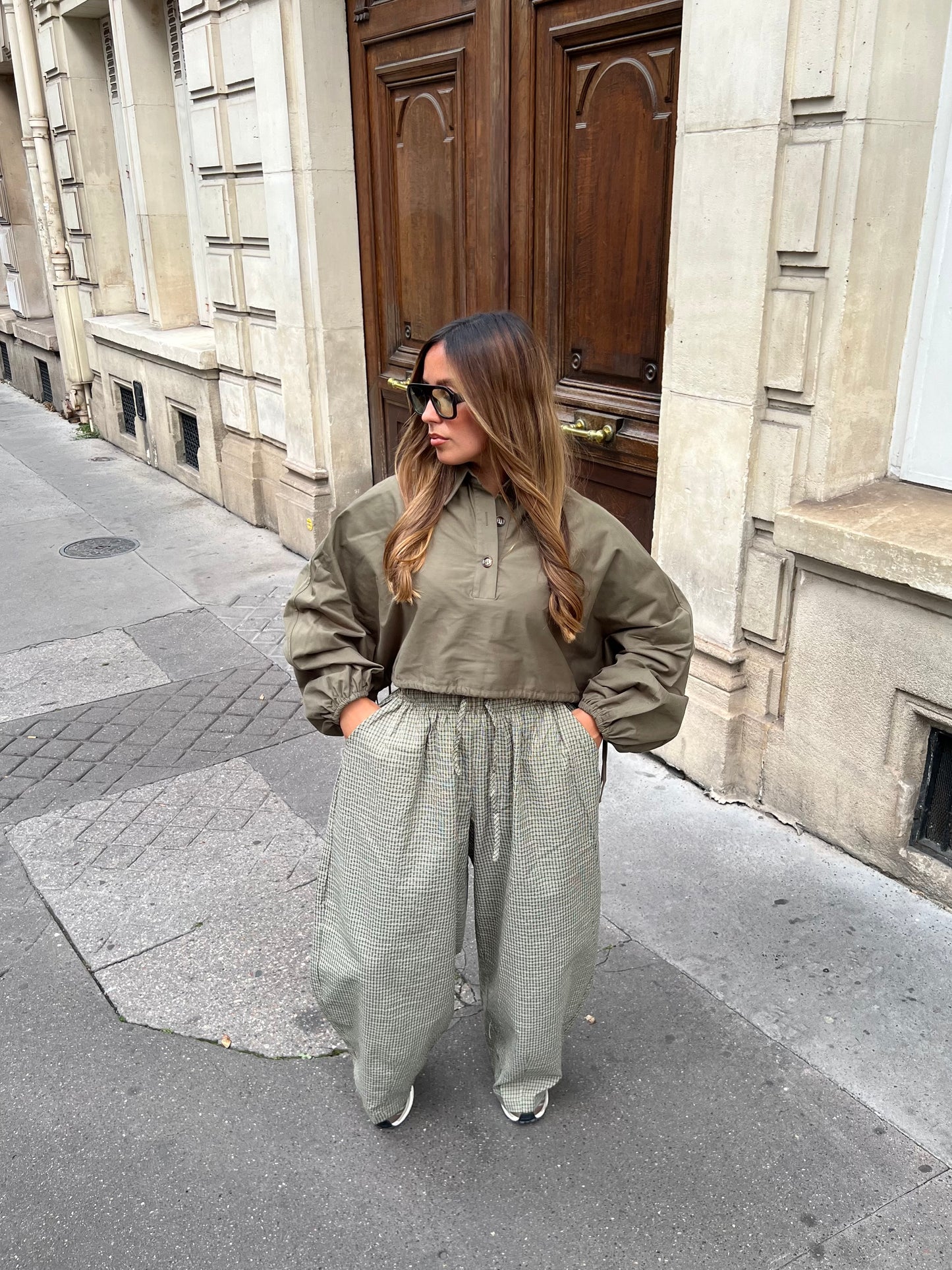 Pantalon à carreaux kaki