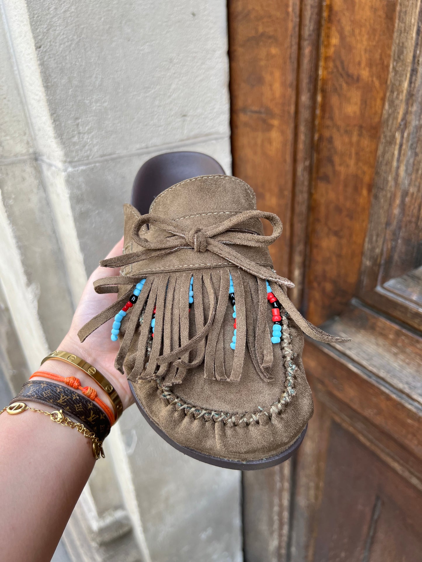 Mules kaki à franges